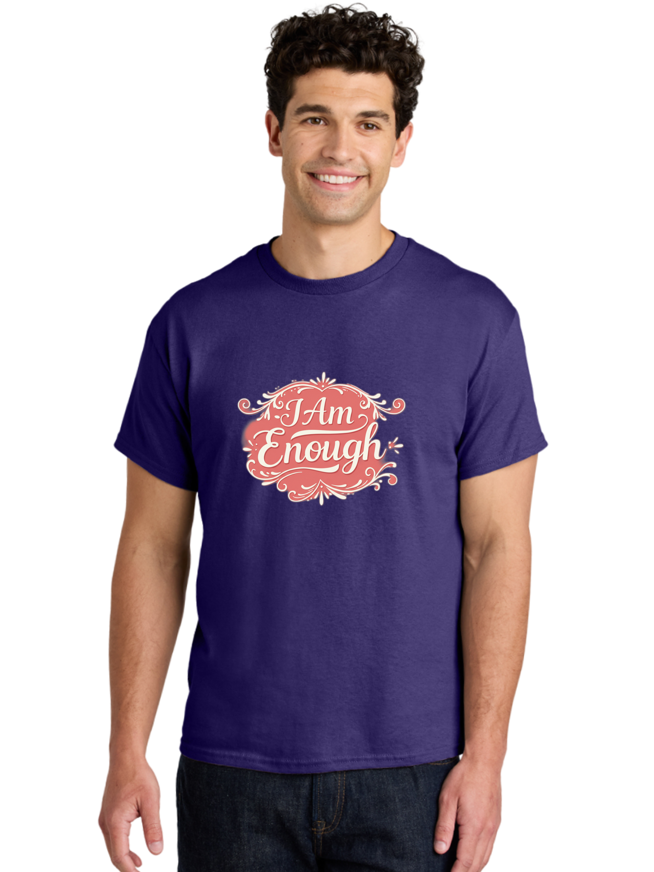 I-Am-Enough-3 Men'S Graphic Tee, 100% Cotton, Comfortable Casual Summer Wear, Machine Washable, Positive Affirmation, Self Love, Empowerment, Motivational Quote, Inspirational Message, Pink And White Design, Floral Elements, Bae207