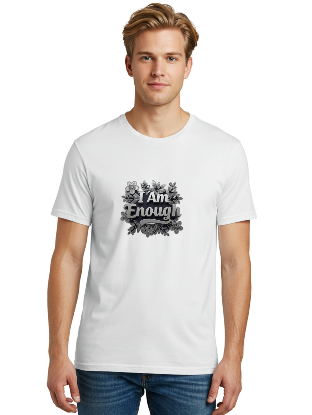 I-Am-Enough-4 Men'S Graphic Tee, 100% Cotton, Comfortable Casual Summer Wear, Machine Washable, Empowerment Quote, Floral Wreath, Inspirational Message, Self-Love Affirmation, Motivational Phrase, Confidence Booster, Positive Words Bae208