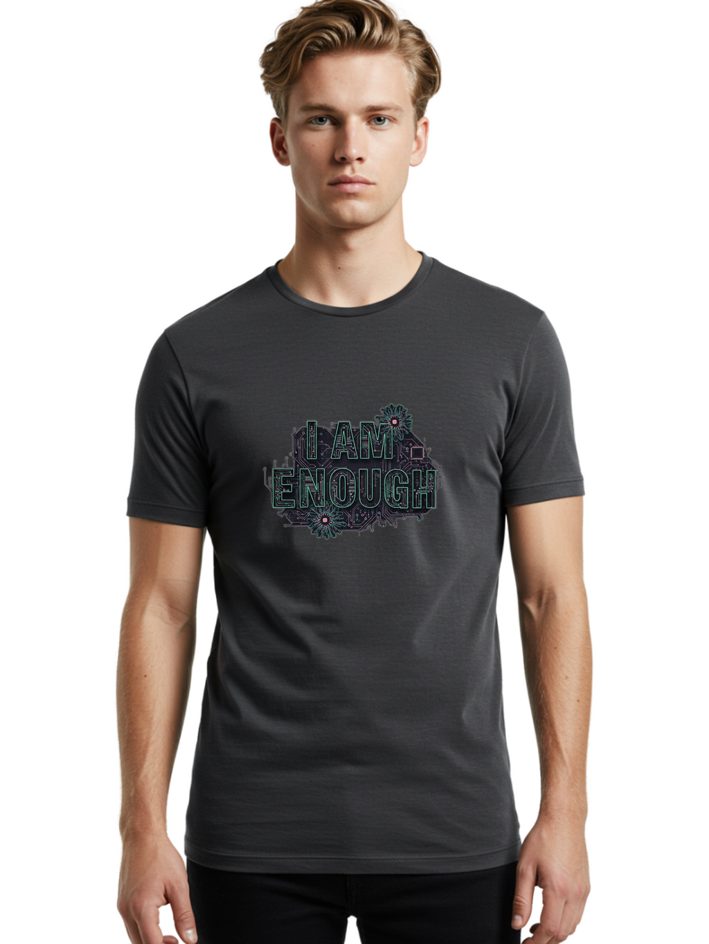 I-Am-Enough-5 Men'S Graphic Tee, 100% Cotton, Comfortable Casual Summer Wear, Machine Washable, Circuit Board Design, Self-Empowerment Message, Motivational Quote, Positive Affirmation, Floral Elements, Tech-Meets-Nature, Confidence Booster Bae209