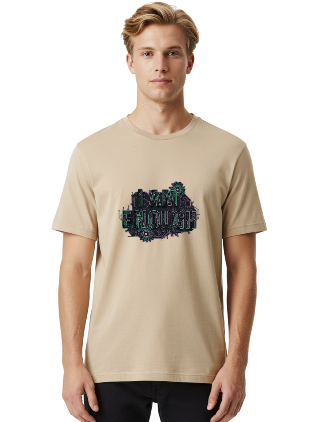 I-Am-Enough-5 Men'S Graphic Tee, 100% Cotton, Comfortable Casual Summer Wear, Machine Washable, Circuit Board Design, Self-Empowerment Message, Motivational Quote, Positive Affirmation, Floral Elements, Tech-Meets-Nature, Confidence Booster Bae209