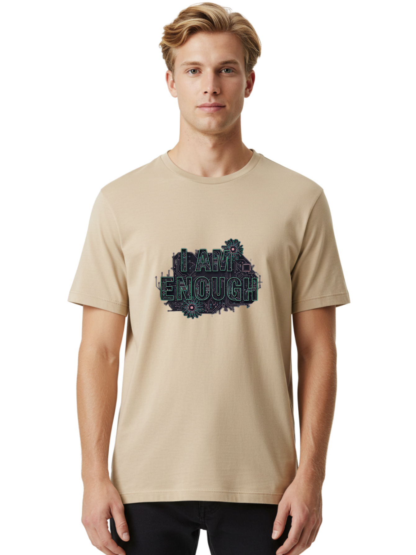 I-Am-Enough-5 Men'S Graphic Tee, 100% Cotton, Comfortable Casual Summer Wear, Machine Washable, Circuit Board Design, Self-Empowerment Message, Motivational Quote, Positive Affirmation, Floral Elements, Tech-Meets-Nature, Confidence Booster Bae209