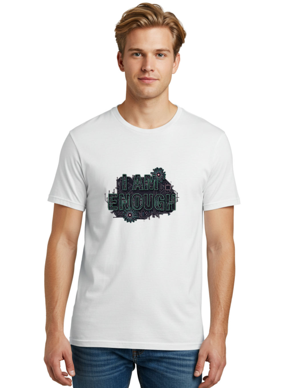 I-Am-Enough-5 Men'S Graphic Tee, 100% Cotton, Comfortable Casual Summer Wear, Machine Washable, Circuit Board Design, Self-Empowerment Message, Motivational Quote, Positive Affirmation, Floral Elements, Tech-Meets-Nature, Confidence Booster Bae209