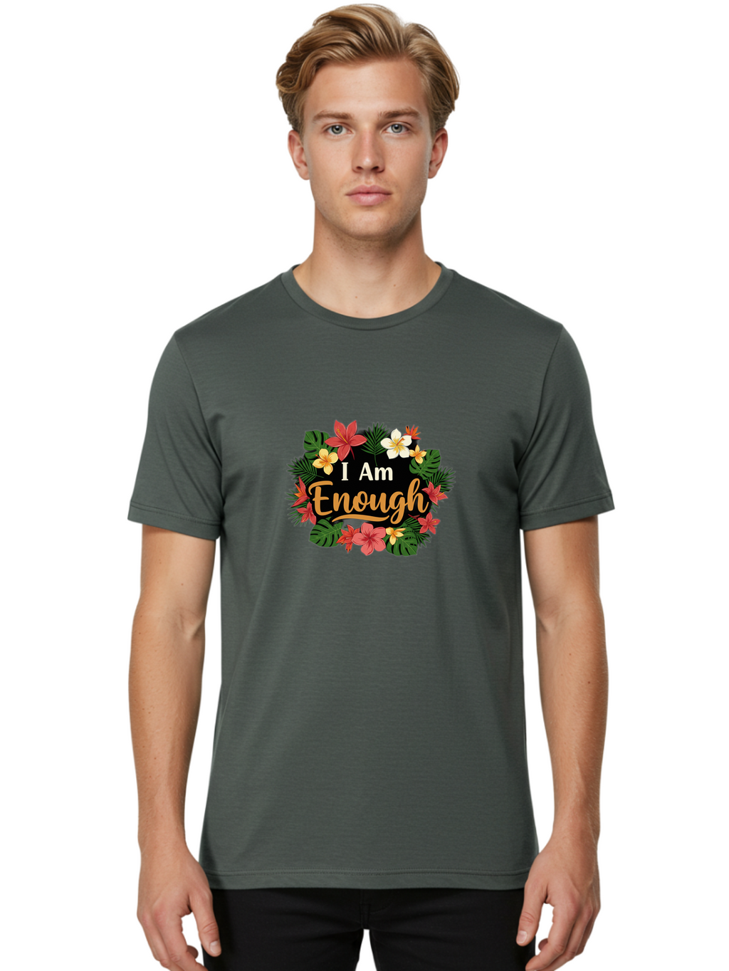 I-Am-Enough-6 Men'S Graphic Tee, 100% Cotton, Comfortable Casual Summer Wear, Machine Washable, Motivational Quote, Floral Wreath, Affirmation, Self-Love, Empowerment, Inspirational Quote, Positive Vibes, Tropical Flowers, Leaves Bae210