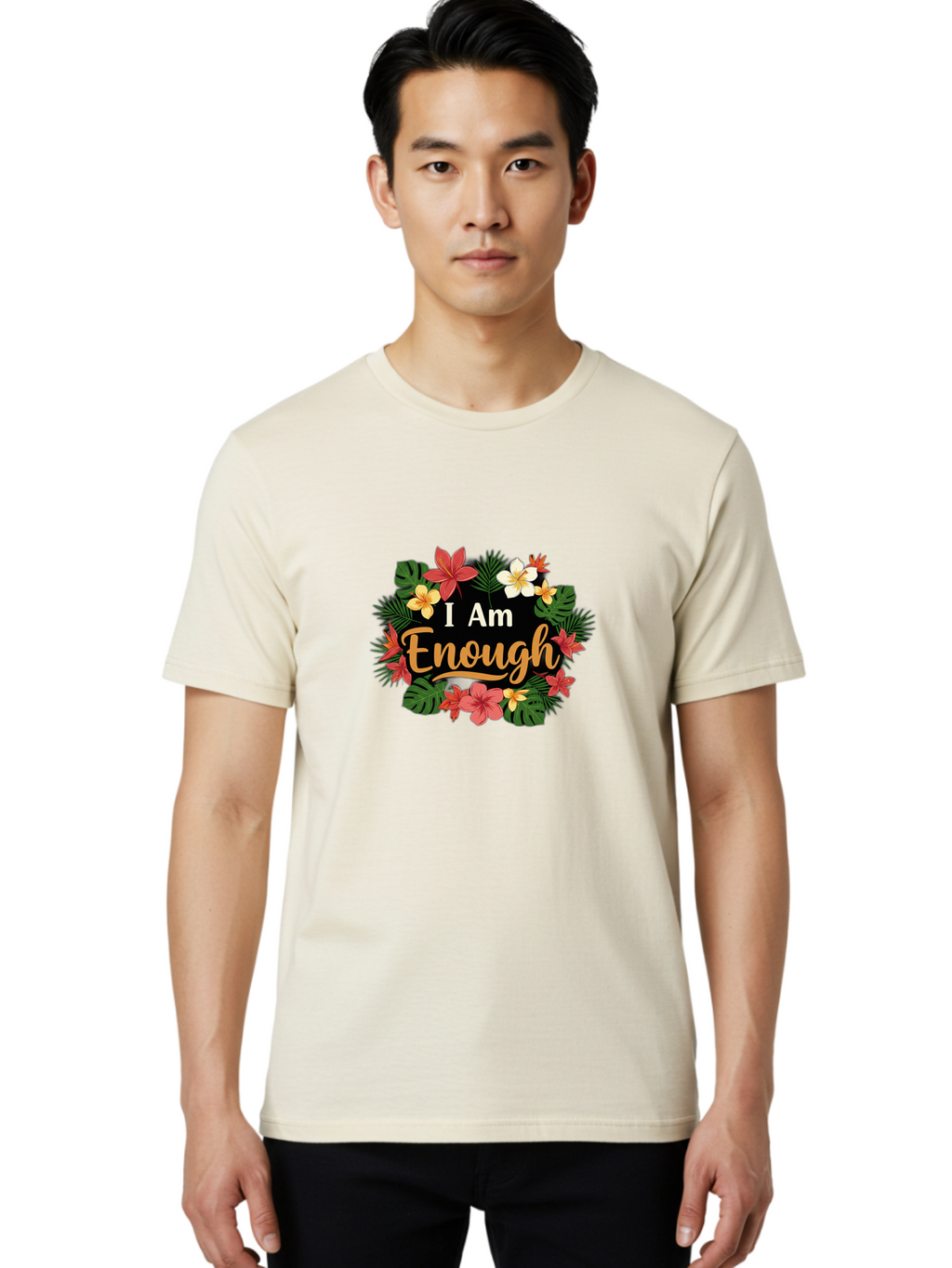 I-Am-Enough-6 Men'S Graphic Tee, 100% Cotton, Comfortable Casual Summer Wear, Machine Washable, Motivational Quote, Floral Wreath, Affirmation, Self-Love, Empowerment, Inspirational Quote, Positive Vibes, Tropical Flowers, Leaves Bae210