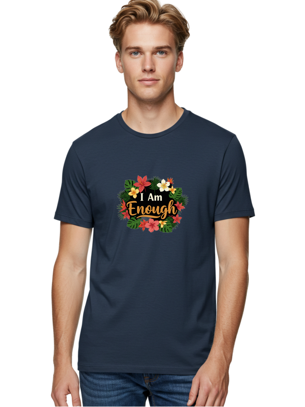 I-Am-Enough-6 Men'S Graphic Tee, 100% Cotton, Comfortable Casual Summer Wear, Machine Washable, Motivational Quote, Floral Wreath, Affirmation, Self-Love, Empowerment, Inspirational Quote, Positive Vibes, Tropical Flowers, Leaves Bae210