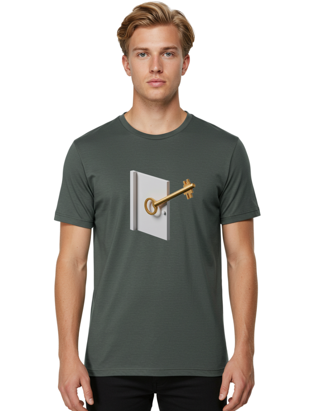 Key-In-Book Men'S Graphic Tee, 100% Cotton, Comfortable Casual Summer Wear, Machine Washable, Key In Door, Access Control, Security Solution, Locking Mechanism, Door Handle, 3D Rendering, Golden Key, White Door Bae213