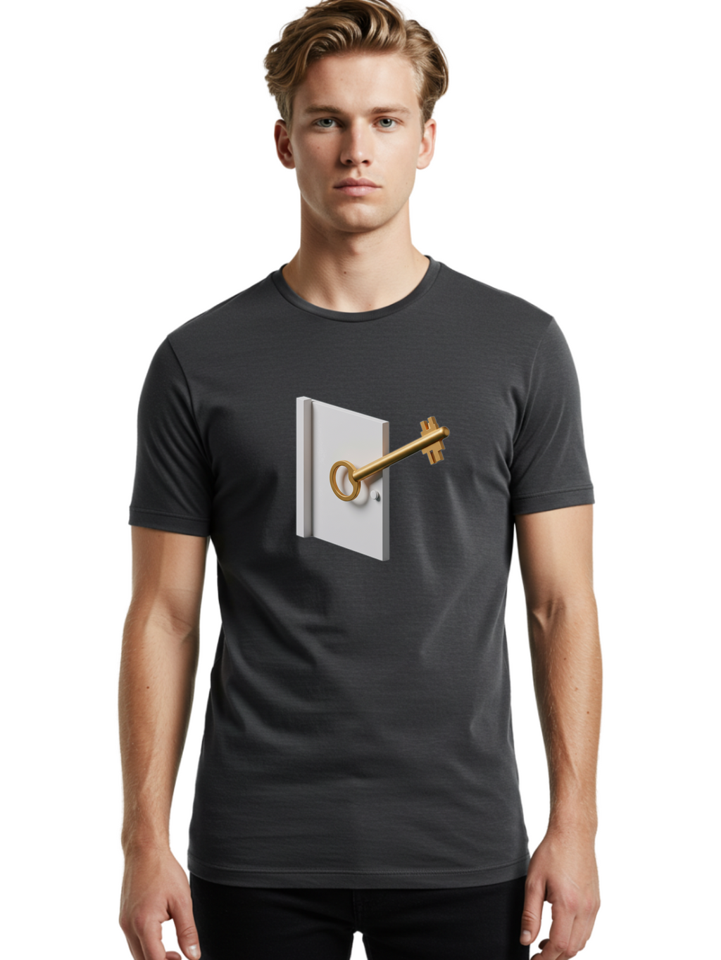 Key-In-Book Men'S Graphic Tee, 100% Cotton, Comfortable Casual Summer Wear, Machine Washable, Key In Door, Access Control, Security Solution, Locking Mechanism, Door Handle, 3D Rendering, Golden Key, White Door Bae213