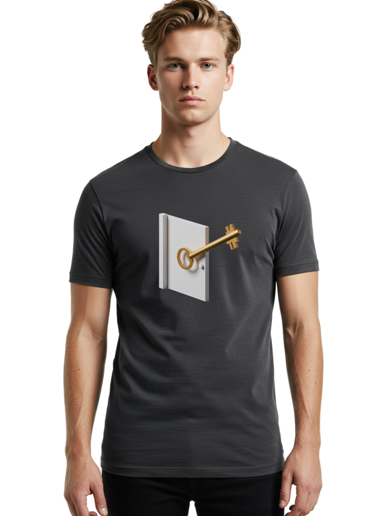 Key-In-Book Men'S Graphic Tee, 100% Cotton, Comfortable Casual Summer Wear, Machine Washable, Key In Door, Access Control, Security Solution, Locking Mechanism, Door Handle, 3D Rendering, Golden Key, White Door Bae213