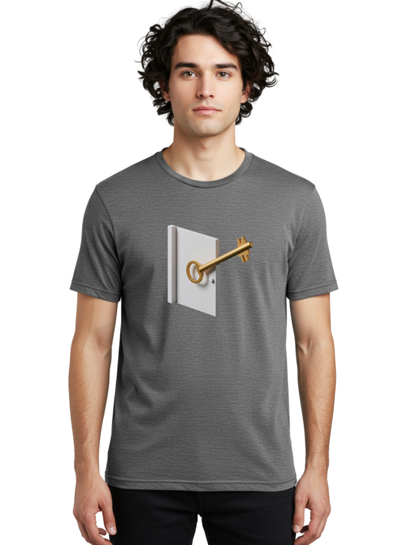 Key-In-Book Men'S Graphic Tee, 100% Cotton, Comfortable Casual Summer Wear, Machine Washable, Key In Door, Access Control, Security Solution, Locking Mechanism, Door Handle, 3D Rendering, Golden Key, White Door Bae213