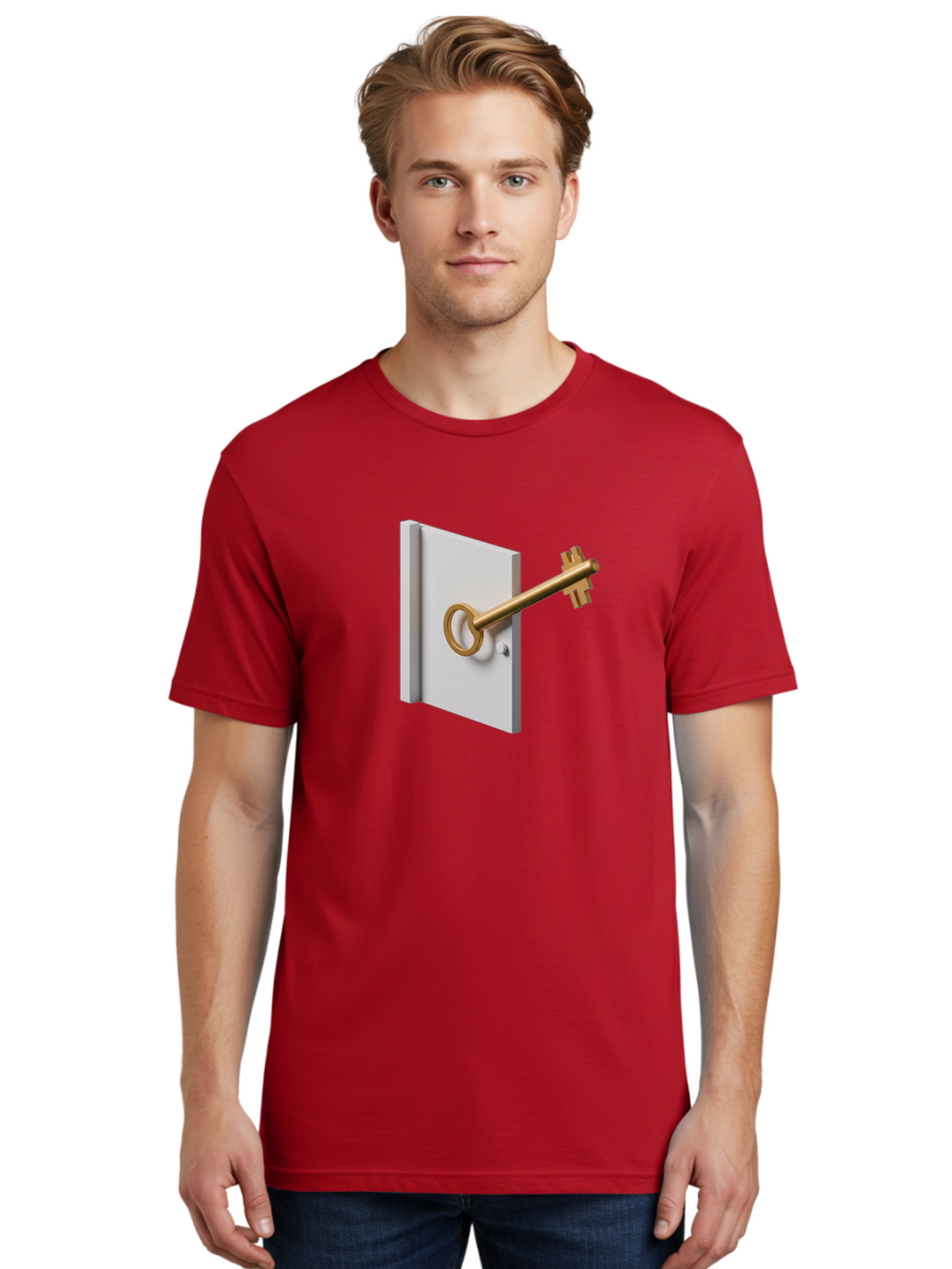 Key-In-Book Men'S Graphic Tee, 100% Cotton, Comfortable Casual Summer Wear, Machine Washable, Key In Door, Access Control, Security Solution, Locking Mechanism, Door Handle, 3D Rendering, Golden Key, White Door Bae213