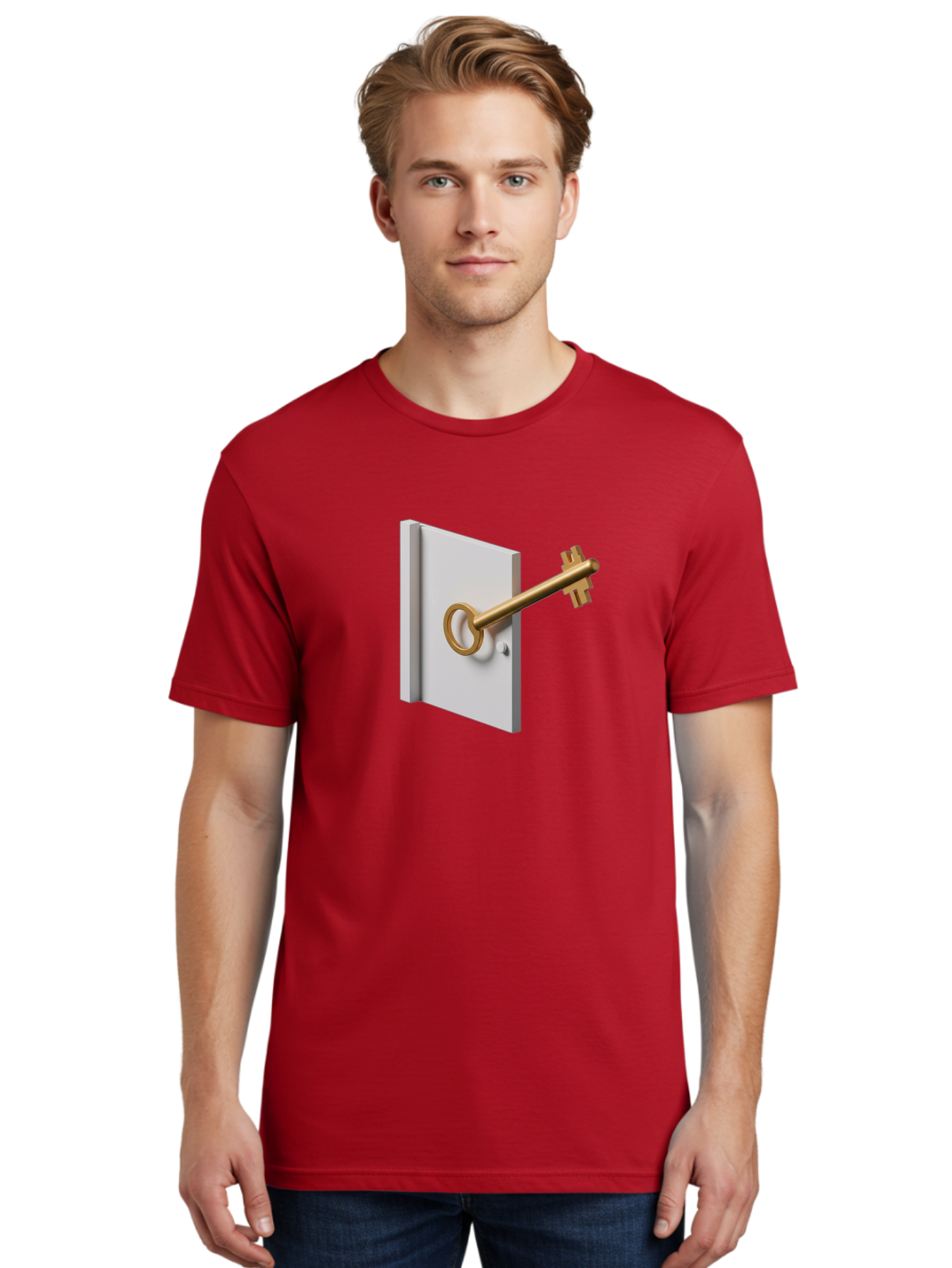 Key-In-Book Men'S Graphic Tee, 100% Cotton, Comfortable Casual Summer Wear, Machine Washable, Key In Door, Access Control, Security Solution, Locking Mechanism, Door Handle, 3D Rendering, Golden Key, White Door Bae213