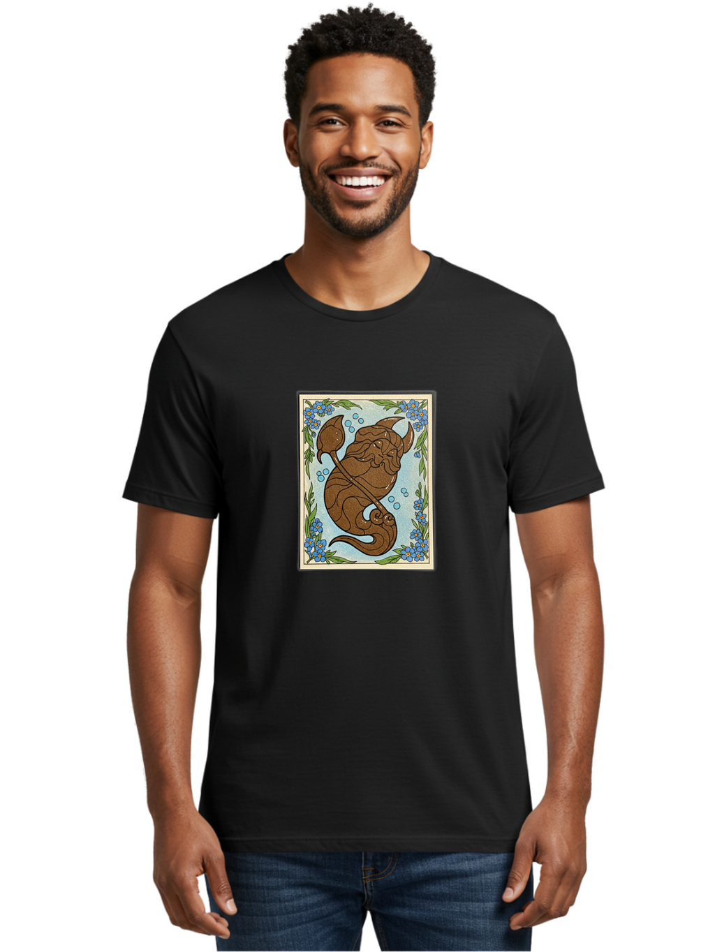 King-Neptune Men'S Graphic Tee, 100% Cotton, Comfortable Casual Summer Wear, Machine Washable, Merman With Trident, Mythical Creature, Underwater Scene, Blue Flowers, Green Leaves, Aquatic Fantasy, Ocean Mythology, Sea God, Folklore Character, Bae214