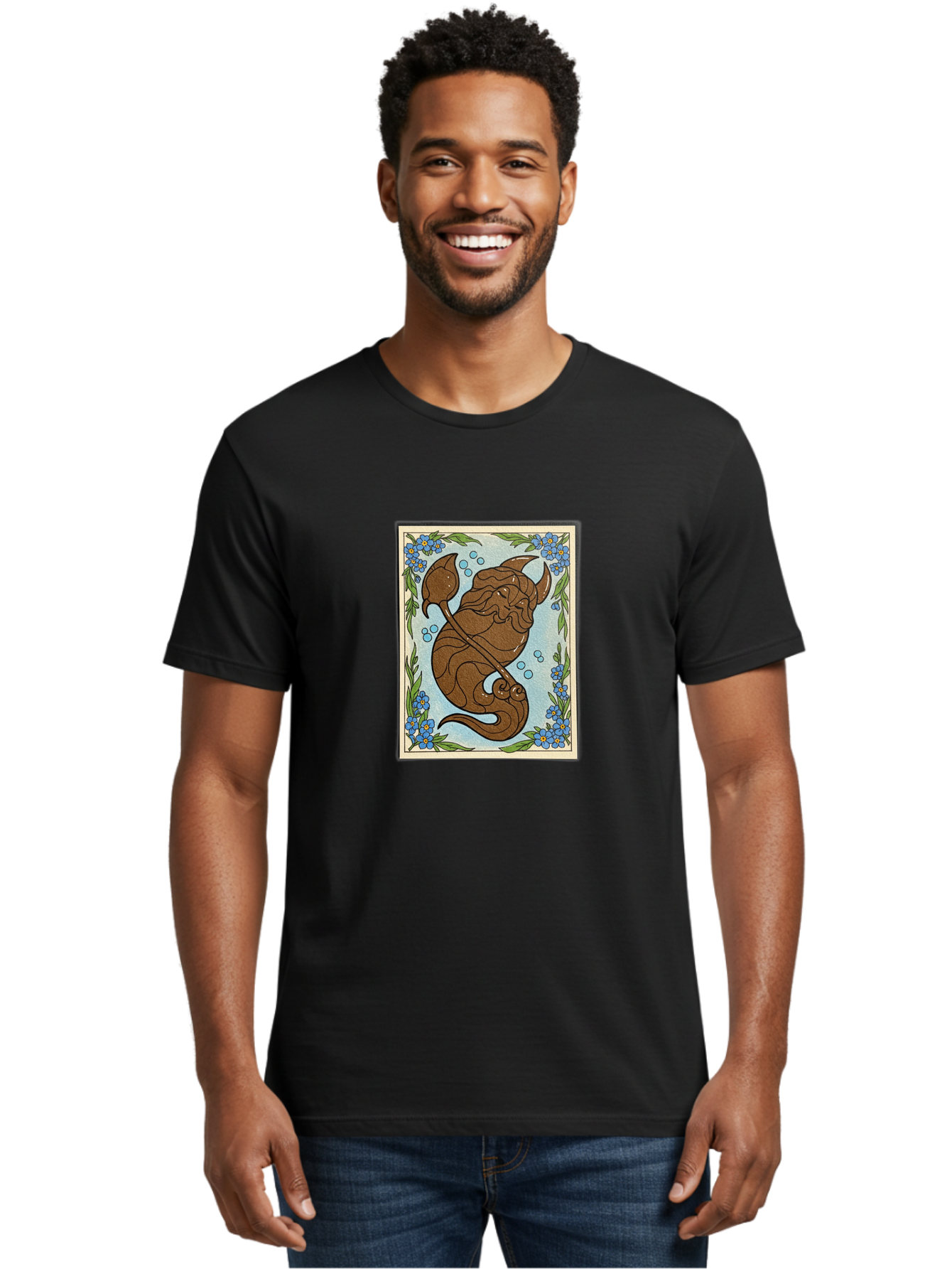 King-Neptune Men'S Graphic Tee, 100% Cotton, Comfortable Casual Summer Wear, Machine Washable, Merman With Trident, Mythical Creature, Underwater Scene, Blue Flowers, Green Leaves, Aquatic Fantasy, Ocean Mythology, Sea God, Folklore Character, Bae214