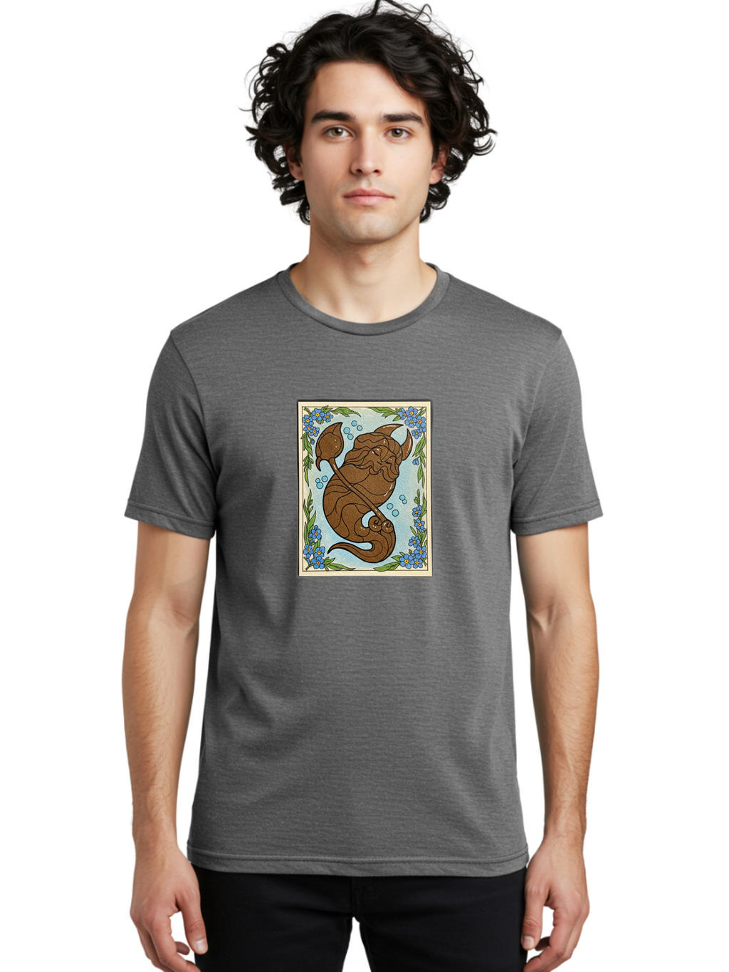 King-Neptune Men'S Graphic Tee, 100% Cotton, Comfortable Casual Summer Wear, Machine Washable, Merman With Trident, Mythical Creature, Underwater Scene, Blue Flowers, Green Leaves, Aquatic Fantasy, Ocean Mythology, Sea God, Folklore Character, Bae214