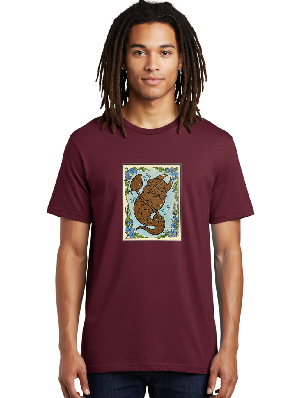 King-Neptune Men'S Graphic Tee, 100% Cotton, Comfortable Casual Summer Wear, Machine Washable, Merman With Trident, Mythical Creature, Underwater Scene, Blue Flowers, Green Leaves, Aquatic Fantasy, Ocean Mythology, Sea God, Folklore Character, Bae214