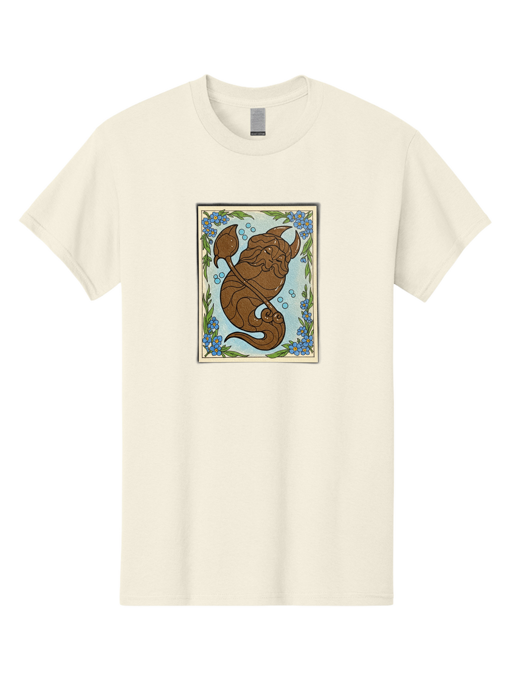 King-Neptune Men'S Graphic Tee, 100% Cotton, Comfortable Casual Summer Wear, Machine Washable, Merman With Trident, Mythical Creature, Underwater Scene, Blue Flowers, Green Leaves, Aquatic Fantasy, Ocean Mythology, Sea God, Folklore Character, Bae214