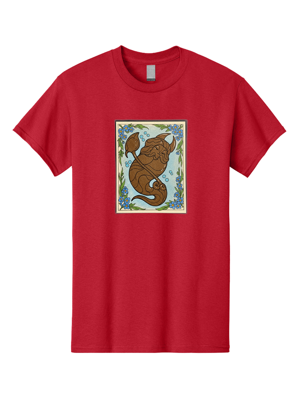 King-Neptune Men'S Graphic Tee, 100% Cotton, Comfortable Casual Summer Wear, Machine Washable, Merman With Trident, Mythical Creature, Underwater Scene, Blue Flowers, Green Leaves, Aquatic Fantasy, Ocean Mythology, Sea God, Folklore Character, Bae214