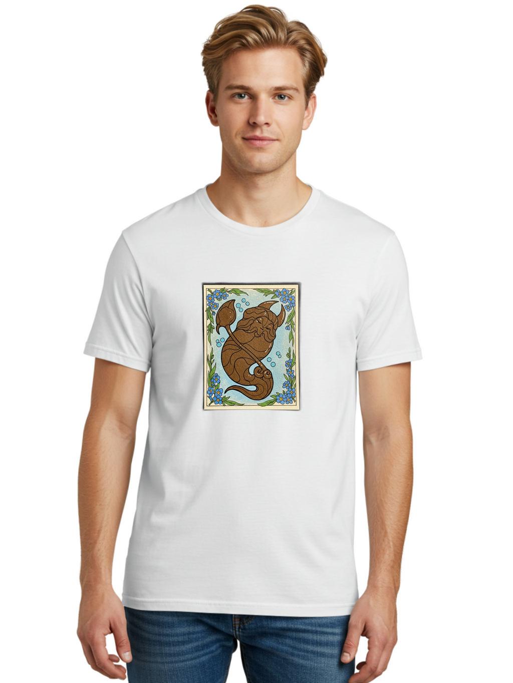 King-Neptune Men'S Graphic Tee, 100% Cotton, Comfortable Casual Summer Wear, Machine Washable, Merman With Trident, Mythical Creature, Underwater Scene, Blue Flowers, Green Leaves, Aquatic Fantasy, Ocean Mythology, Sea God, Folklore Character, Bae214