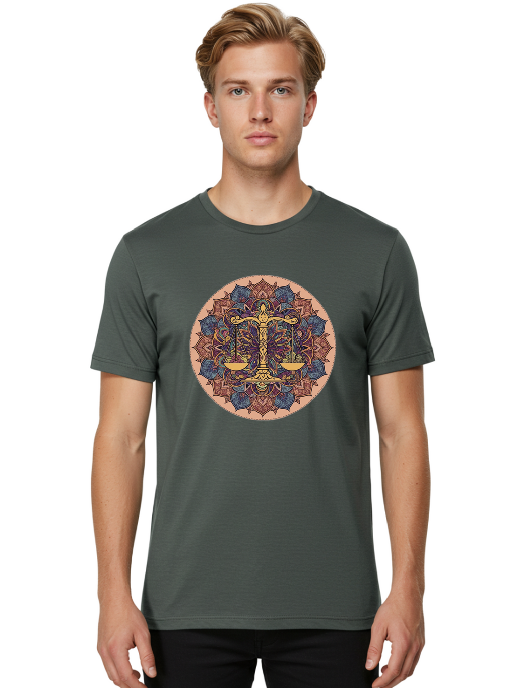 Libra-Scales-Mandala Men'S Graphic Tee, 100% Cotton, Comfortable Casual Summer Wear, Machine Washable, Libra Scales, Intricate Mandala Design, Floral Patterns, Balance And Harmony, Astrology Symbol, Zodiac Sign, Decorative Art, Mystical Vibes, Bae217