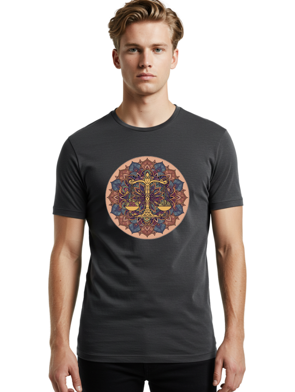 Libra-Scales-Mandala Men'S Graphic Tee, 100% Cotton, Comfortable Casual Summer Wear, Machine Washable, Libra Scales, Intricate Mandala Design, Floral Patterns, Balance And Harmony, Astrology Symbol, Zodiac Sign, Decorative Art, Mystical Vibes, Bae217