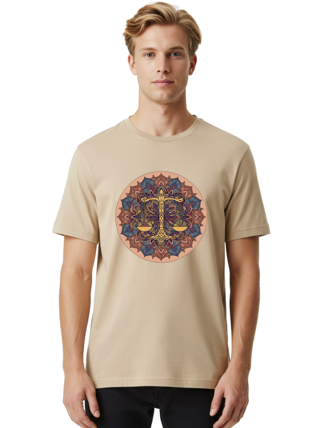 Libra-Scales-Mandala Men'S Graphic Tee, 100% Cotton, Comfortable Casual Summer Wear, Machine Washable, Libra Scales, Intricate Mandala Design, Floral Patterns, Balance And Harmony, Astrology Symbol, Zodiac Sign, Decorative Art, Mystical Vibes, Bae217