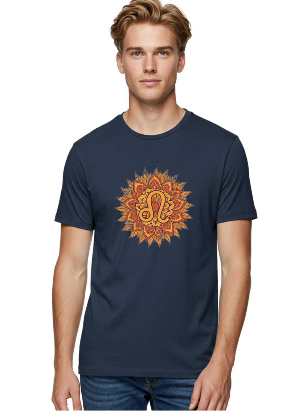 Libra-Symbol-Mandala Men'S Graphic Tee, 100% Cotton, Comfortable Casual Summer Wear, Machine Washable, Libra Symbol, Intricate Mandala Design, Floral Patterns, Orange And Red Hues, Symbolic Representation, Astrological Sign, Zodiac Art, Bae219