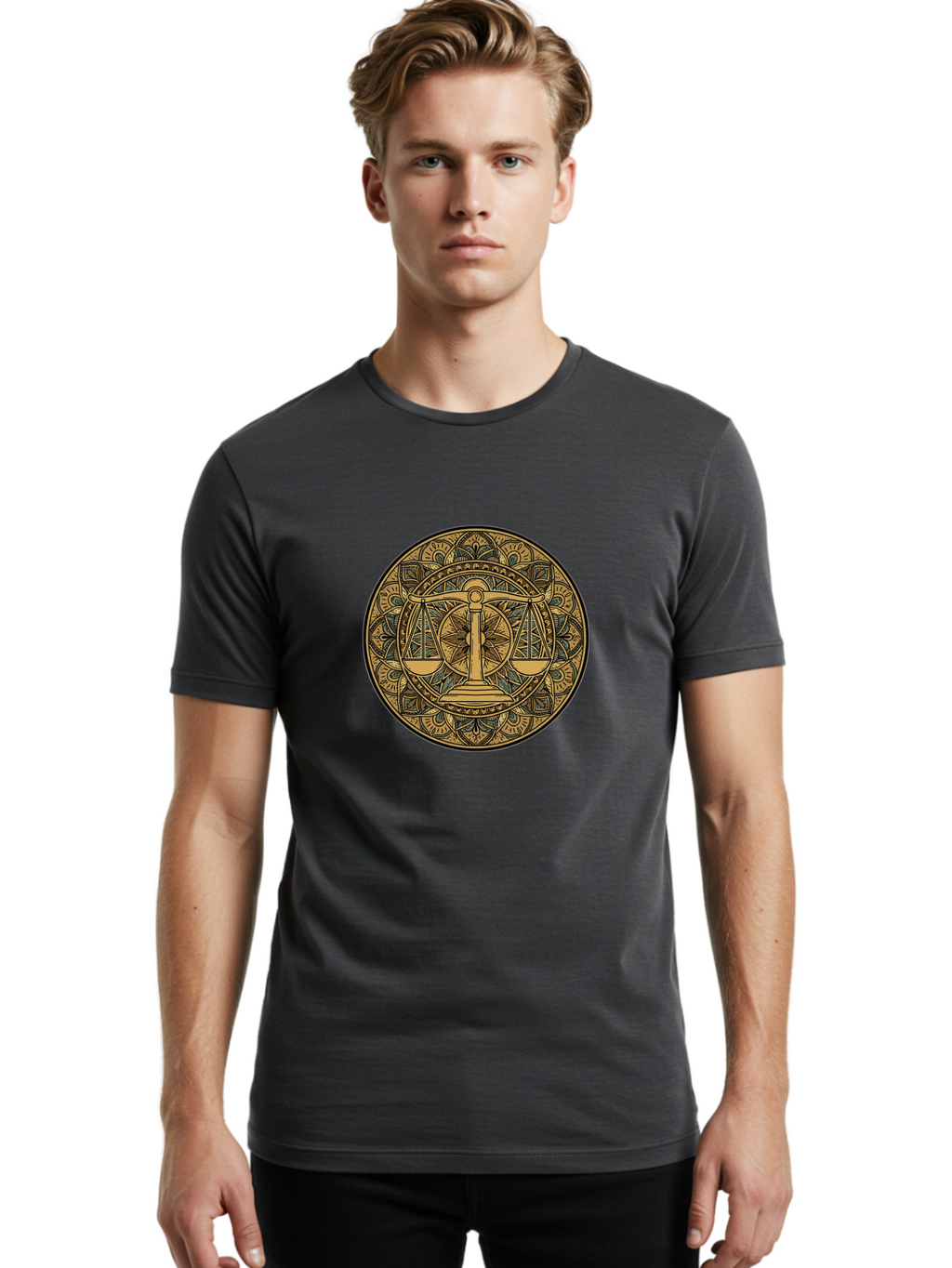 Libra-Symbol Men'S Graphic Tee, 100% Cotton, Comfortable Casual Summer Wear, Machine Washable, Mandala Art, Libra Zodiac Sign, Balance Scales, Intricate Designs, Symbolic Representation, Astrology, Justice, Harmony, Equilibrium, Bae220