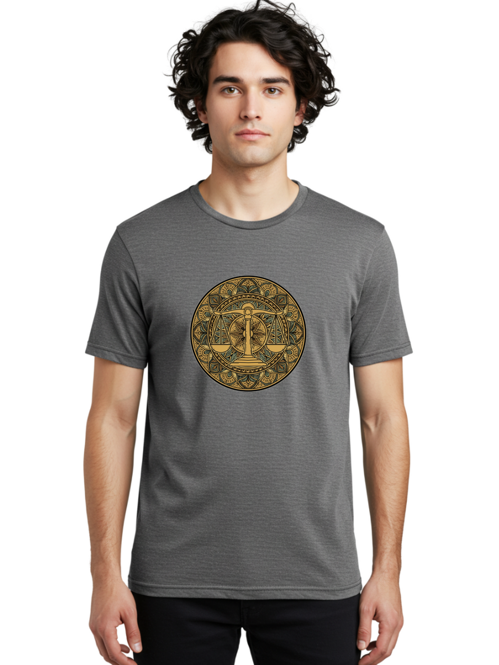Libra-Symbol Men'S Graphic Tee, 100% Cotton, Comfortable Casual Summer Wear, Machine Washable, Mandala Art, Libra Zodiac Sign, Balance Scales, Intricate Designs, Symbolic Representation, Astrology, Justice, Harmony, Equilibrium, Bae220
