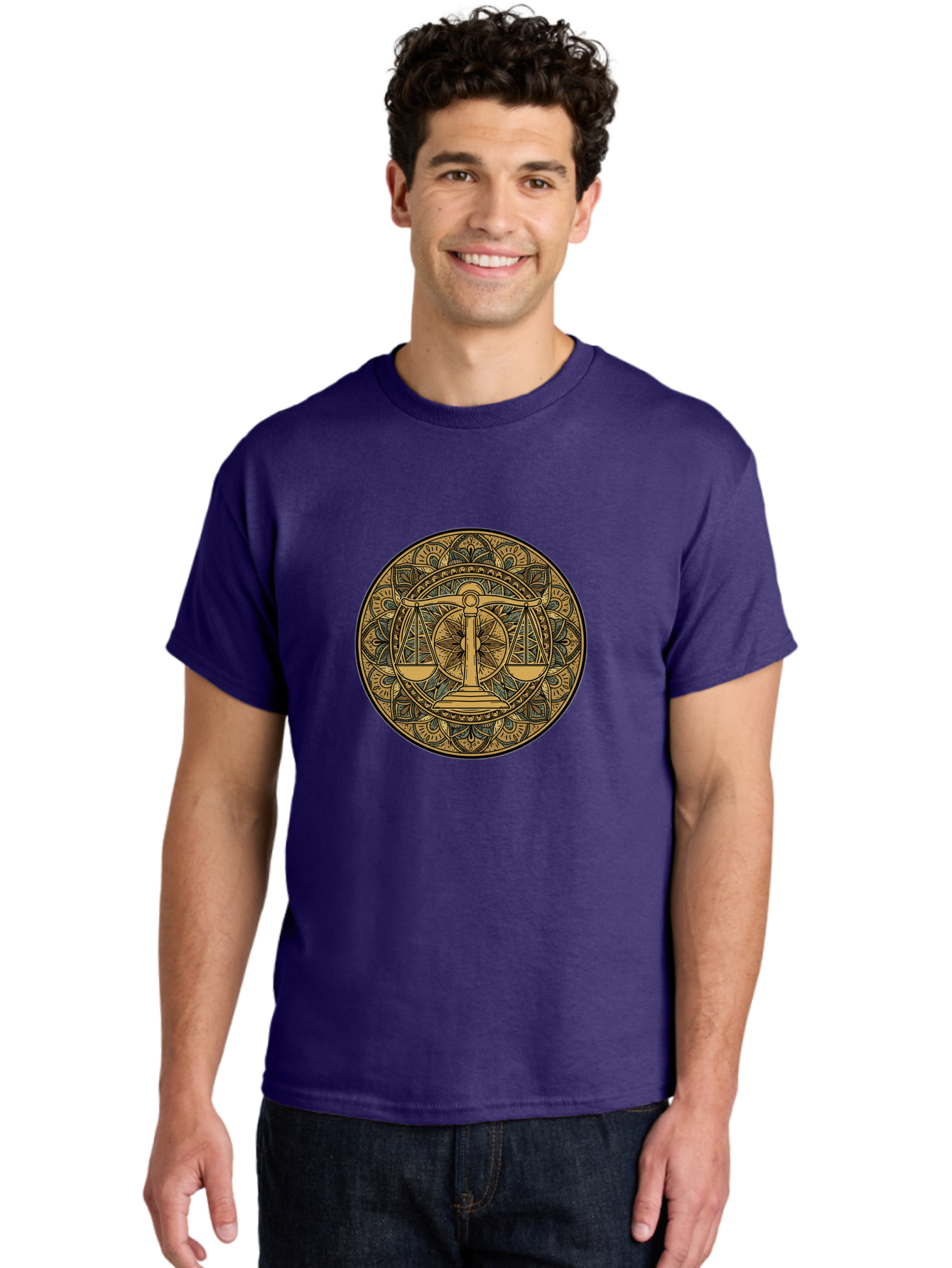 Libra-Symbol Men'S Graphic Tee, 100% Cotton, Comfortable Casual Summer Wear, Machine Washable, Mandala Art, Libra Zodiac Sign, Balance Scales, Intricate Designs, Symbolic Representation, Astrology, Justice, Harmony, Equilibrium, Bae220