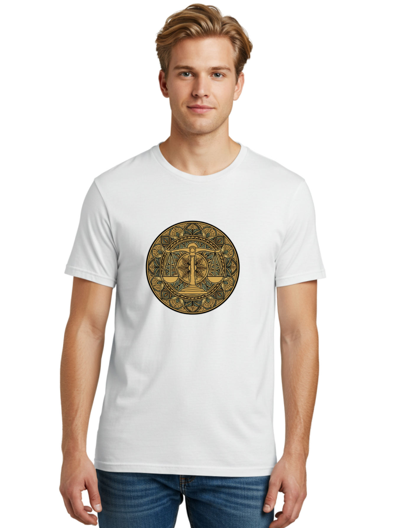 Libra-Symbol Men'S Graphic Tee, 100% Cotton, Comfortable Casual Summer Wear, Machine Washable, Mandala Art, Libra Zodiac Sign, Balance Scales, Intricate Designs, Symbolic Representation, Astrology, Justice, Harmony, Equilibrium, Bae220