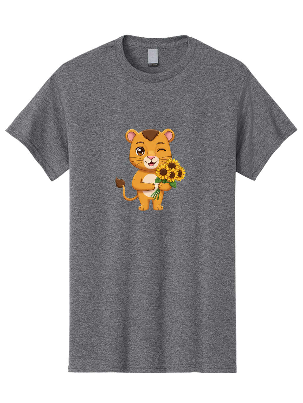 Lion-Holding-Sunflowers Men'S Graphic Tee, 100% Cotton, Comfortable Casual Summer Wear, Machine Washable, Cartoon Lion, Holding Sunflowers, Happy Expression, Cute Character, Yellow Flowers, Smiling Animal, Friendly Creature, Bae221