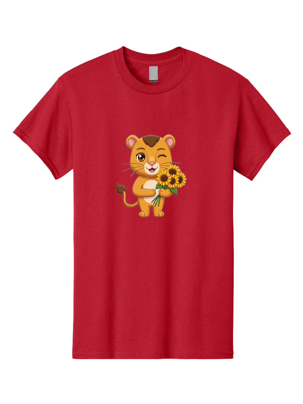 Lion-Holding-Sunflowers Men'S Graphic Tee, 100% Cotton, Comfortable Casual Summer Wear, Machine Washable, Cartoon Lion, Holding Sunflowers, Happy Expression, Cute Character, Yellow Flowers, Smiling Animal, Friendly Creature, Bae221