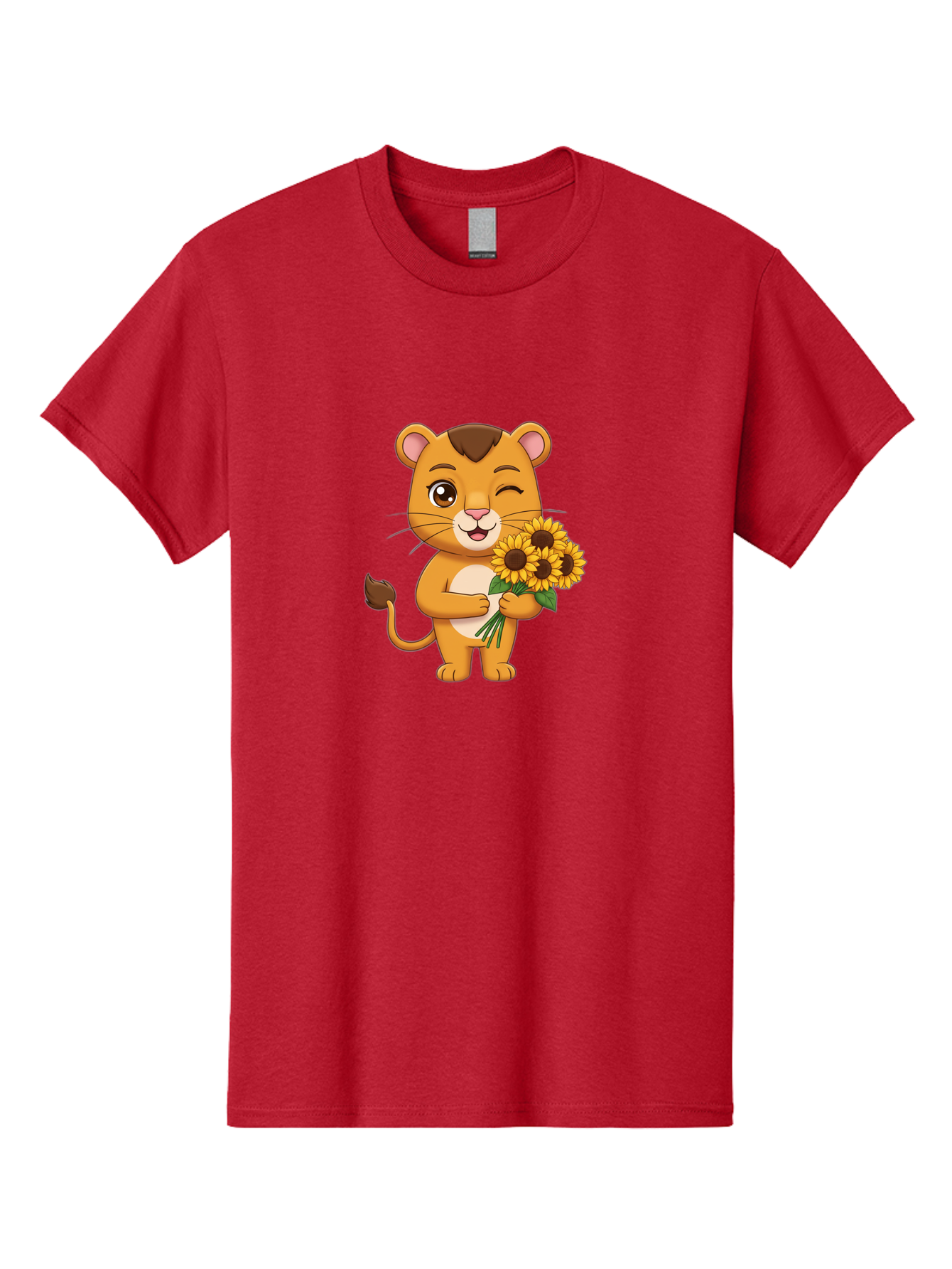 Lion-Holding-Sunflowers Men'S Graphic Tee, 100% Cotton, Comfortable Casual Summer Wear, Machine Washable, Cartoon Lion, Holding Sunflowers, Happy Expression, Cute Character, Yellow Flowers, Smiling Animal, Friendly Creature, Bae221