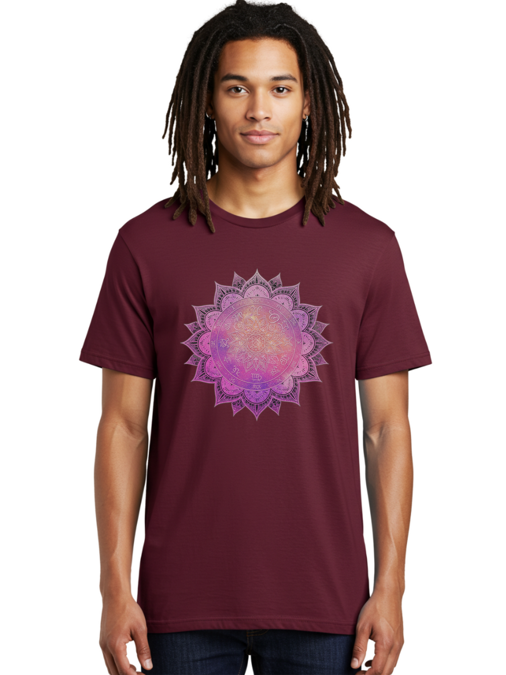 Lotus-Flower-Mandala Men'S Graphic Tee, 100% Cotton, Comfortable Casual Summer Wear, Machine Washable, Sacred Geometry, Spiritual Symbols, Mystical Art, Intricate Patterns, Mandala Design, Purple Hues, Symbolic Representation, Bae223
