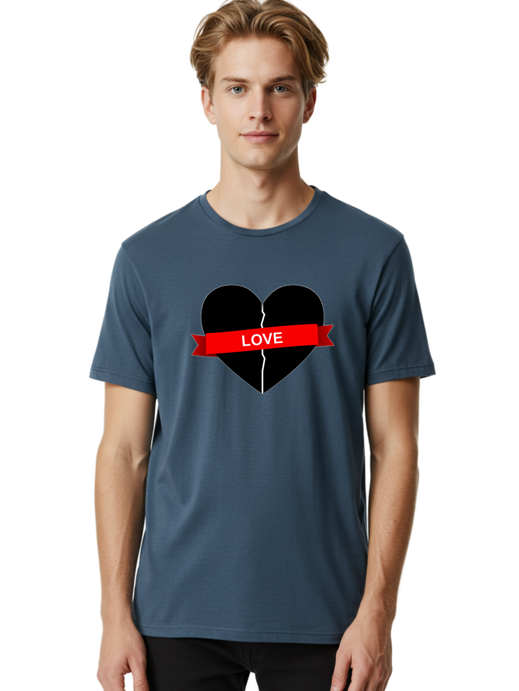 Love-Broken-Heart Men'S Graphic Tee, 100% Cotton, Comfortable Casual Summer Wear, Machine Washable, Broken Heart, Heartbreak, Love Symbol, Red Ribbon, White Text, Split Heart, Cracked Heart, Heart Illustration, Heart Graphic, Torn Love Bae224