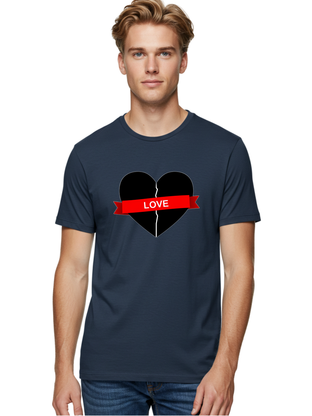 Love-Broken-Heart Men'S Graphic Tee, 100% Cotton, Comfortable Casual Summer Wear, Machine Washable, Broken Heart, Heartbreak, Love Symbol, Red Ribbon, White Text, Split Heart, Cracked Heart, Heart Illustration, Heart Graphic, Torn Love Bae224
