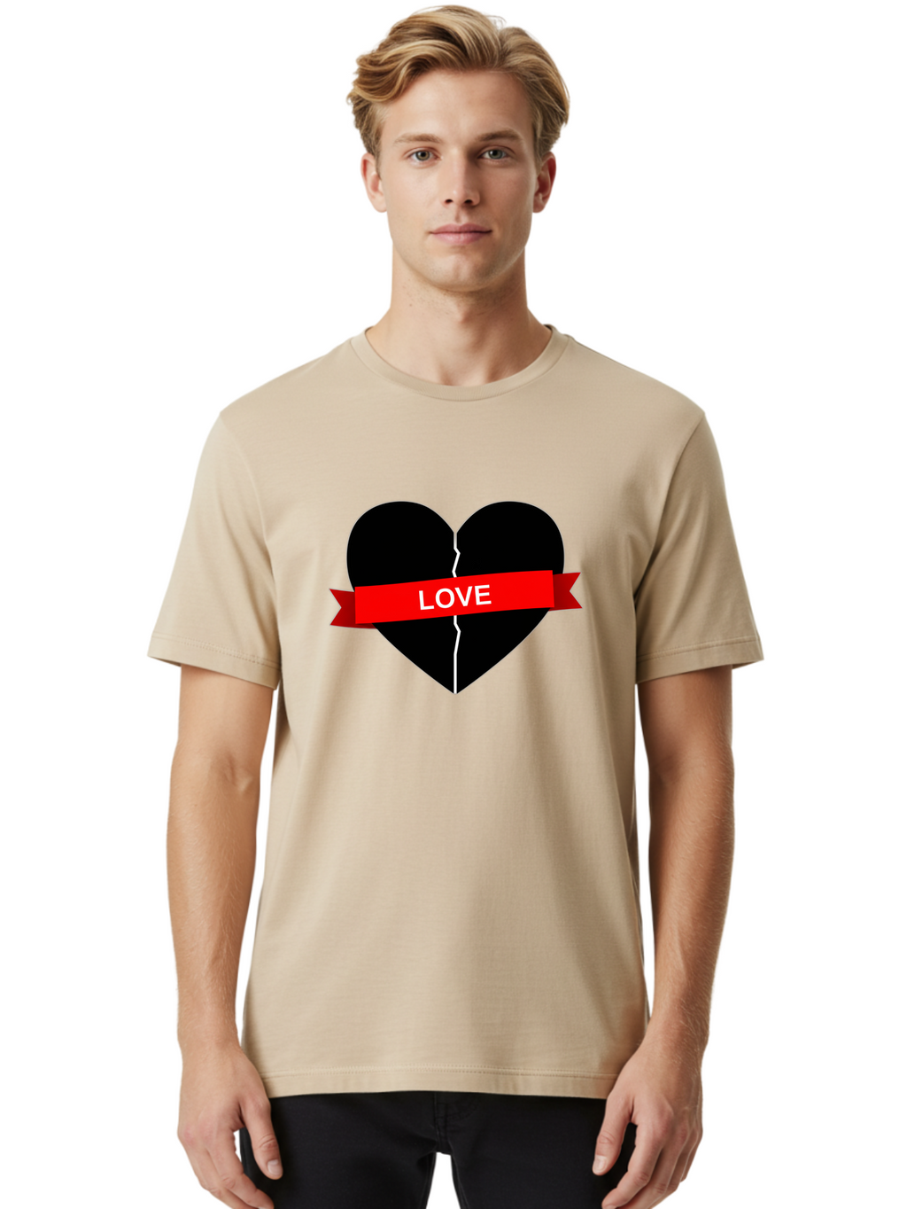 Love-Broken-Heart Men'S Graphic Tee, 100% Cotton, Comfortable Casual Summer Wear, Machine Washable, Broken Heart, Heartbreak, Love Symbol, Red Ribbon, White Text, Split Heart, Cracked Heart, Heart Illustration, Heart Graphic, Torn Love Bae224