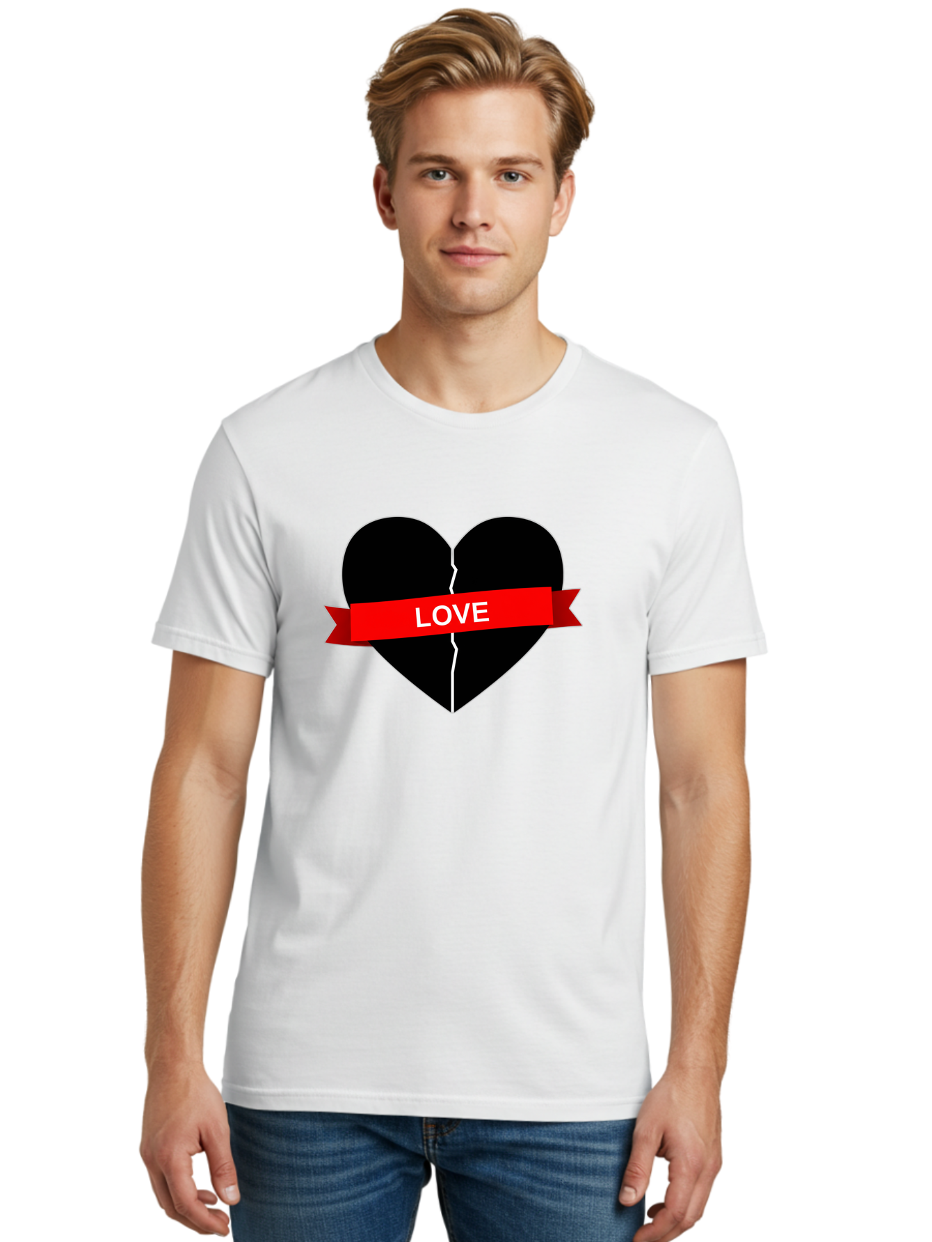 Love-Broken-Heart Men'S Graphic Tee, 100% Cotton, Comfortable Casual Summer Wear, Machine Washable, Broken Heart, Heartbreak, Love Symbol, Red Ribbon, White Text, Split Heart, Cracked Heart, Heart Illustration, Heart Graphic, Torn Love Bae224