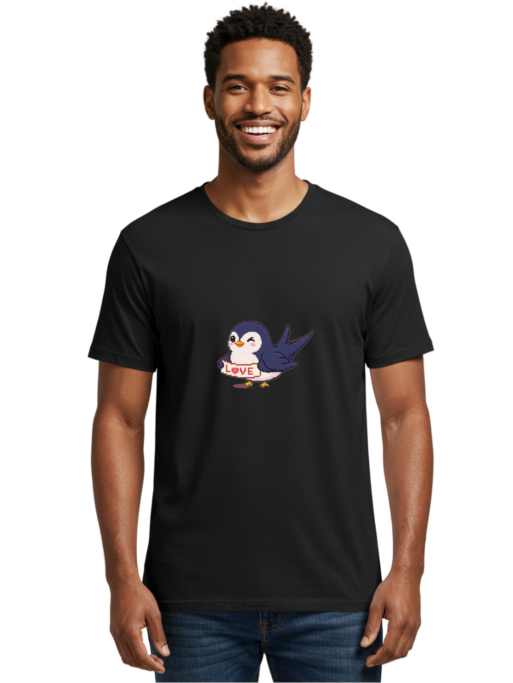 Love-Penguin Men'S Graphic Tee, 100% Cotton, Comfortable Casual Summer Wear, Machine Washable, Cute Penguin, Pixel Art, Love Sign, Heart Symbol, Adorable Animal, Cartoon Character, Sweet Expression, Digital Illustration, Kawaii Style Bae225