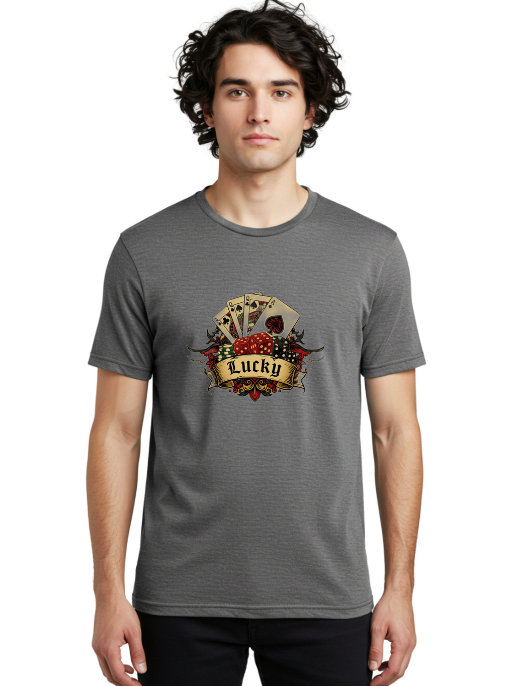 Lucky-1 Men'S Graphic Tee, 100% Cotton, Comfortable Casual Summer Wear, Machine Washable, Lucky Charm, Playing Cards, Poker Dice, Red Dice, Casino Luck, Gaming Good Fortune, Gambler'S Luck, Poker Game, Card Game Bae226