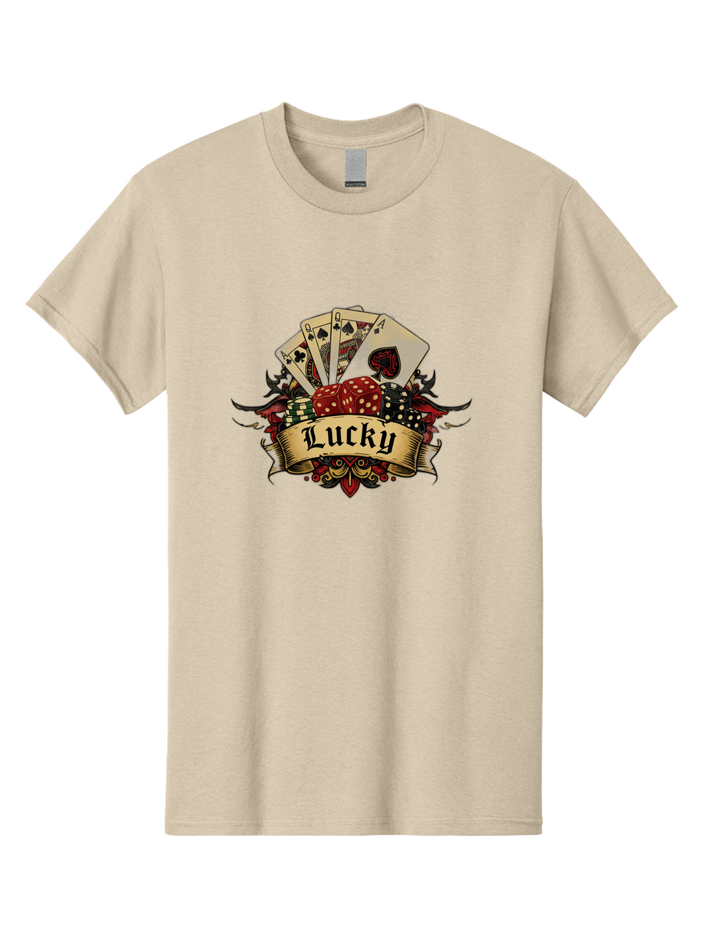 Lucky-1 Men'S Graphic Tee, 100% Cotton, Comfortable Casual Summer Wear, Machine Washable, Lucky Charm, Playing Cards, Poker Dice, Red Dice, Casino Luck, Gaming Good Fortune, Gambler'S Luck, Poker Game, Card Game Bae226