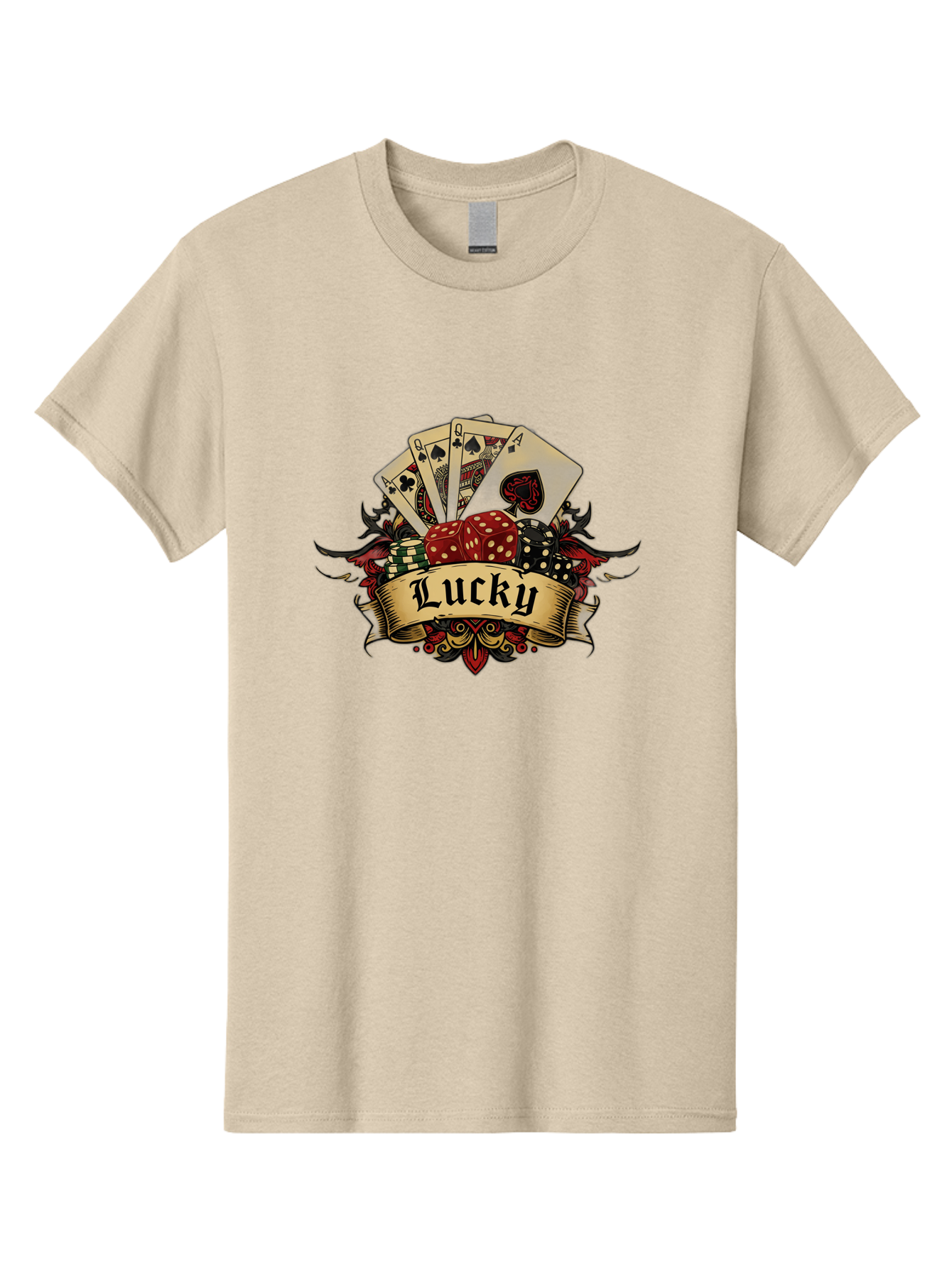 Lucky-1 Men'S Graphic Tee, 100% Cotton, Comfortable Casual Summer Wear, Machine Washable, Lucky Charm, Playing Cards, Poker Dice, Red Dice, Casino Luck, Gaming Good Fortune, Gambler'S Luck, Poker Game, Card Game Bae226