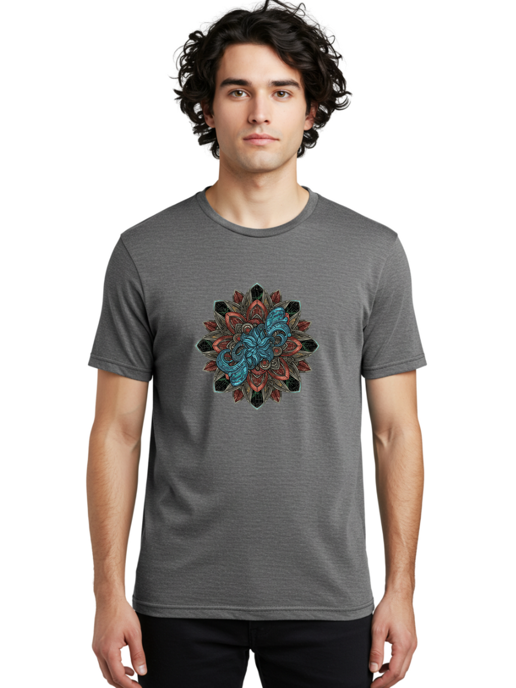 Mandala-Design Men'S Graphic Tee, 100% Cotton, Comfortable Casual Summer Wear, Machine Washable, Intricate Mandala Design, Octopus In The Center, Swirling Tentacles, Bohemian Art, Vibrant Colors, Abstract Patterns, Symbolic Artwork, Bae228