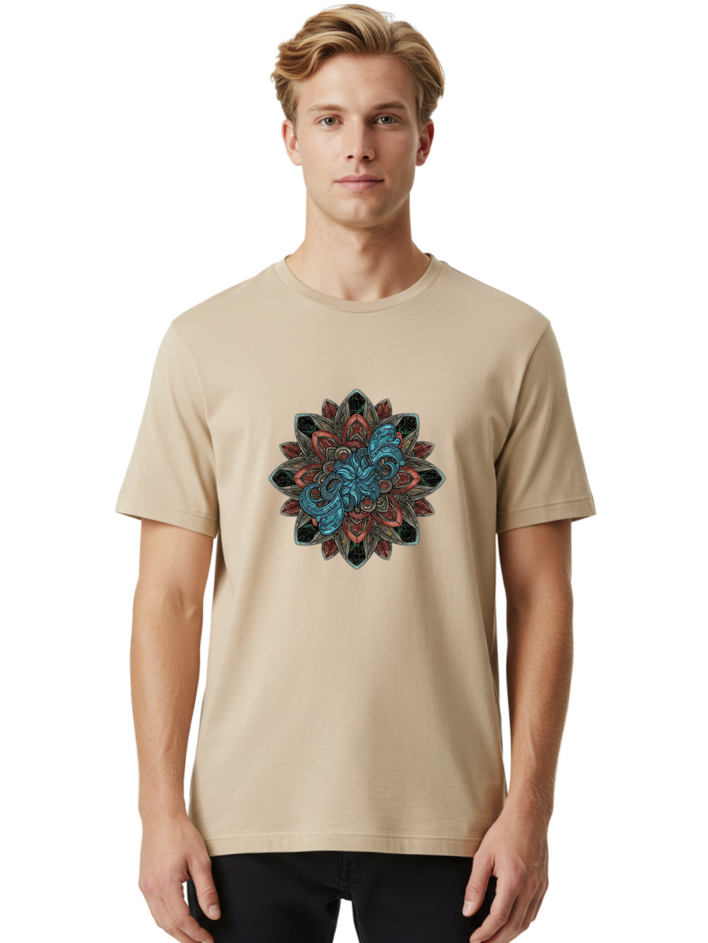 Mandala-Design Men'S Graphic Tee, 100% Cotton, Comfortable Casual Summer Wear, Machine Washable, Intricate Mandala Design, Octopus In The Center, Swirling Tentacles, Bohemian Art, Vibrant Colors, Abstract Patterns, Symbolic Artwork, Bae228