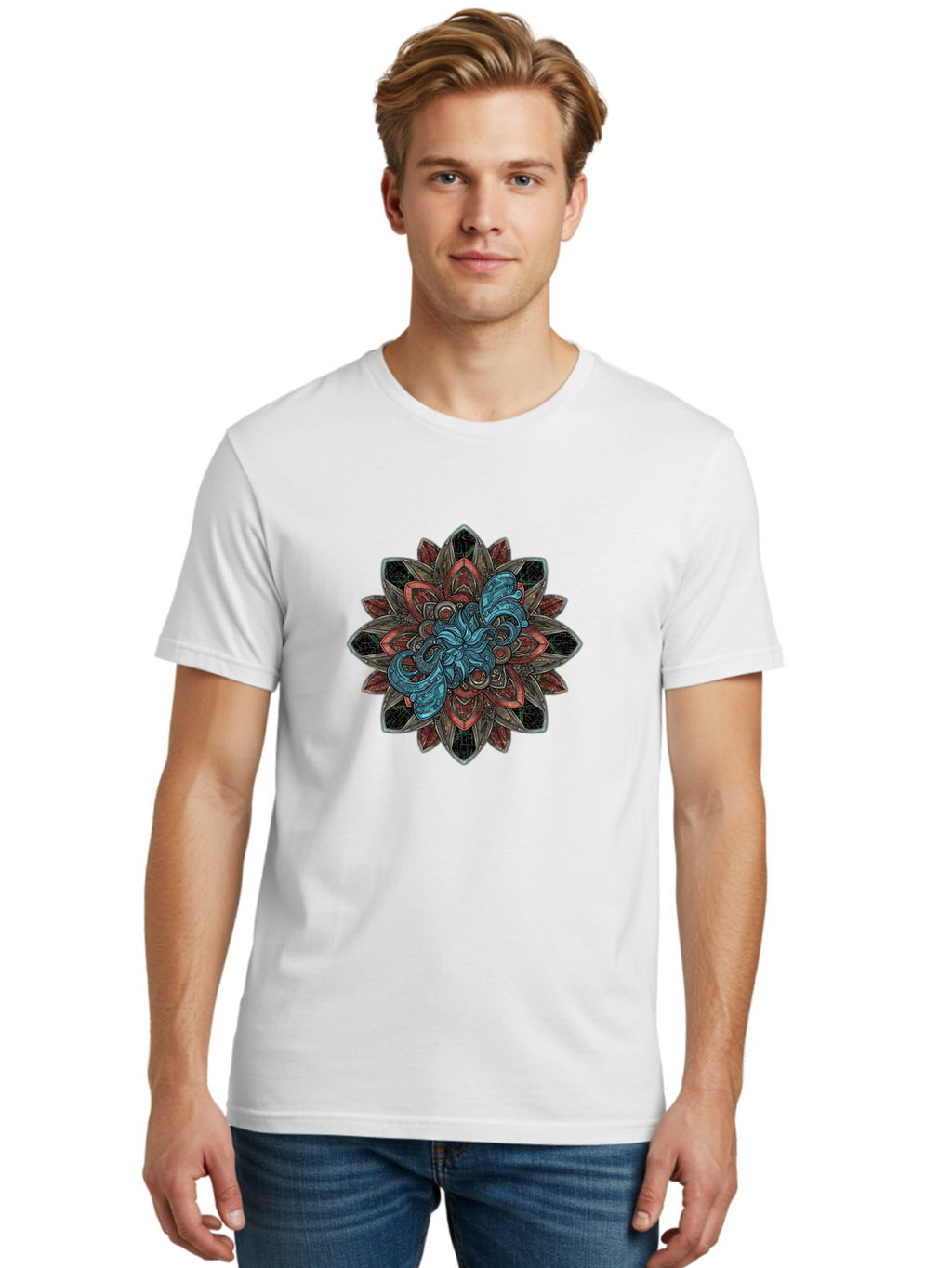 Mandala-Design Men'S Graphic Tee, 100% Cotton, Comfortable Casual Summer Wear, Machine Washable, Intricate Mandala Design, Octopus In The Center, Swirling Tentacles, Bohemian Art, Vibrant Colors, Abstract Patterns, Symbolic Artwork, Bae228