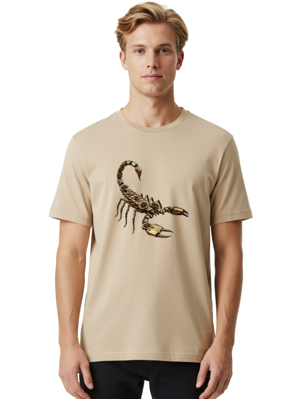 Mechanical-Scorpion Men'S Graphic Tee, 100% Cotton, Comfortable Casual Summer Wear, Machine Washable, Metallic Scorpion, Robotic Creature, Mechanical Arachnid, Futuristic Design, Steampunk Insect, Science Fiction Art, Robotic Exoskeleton, Bae229