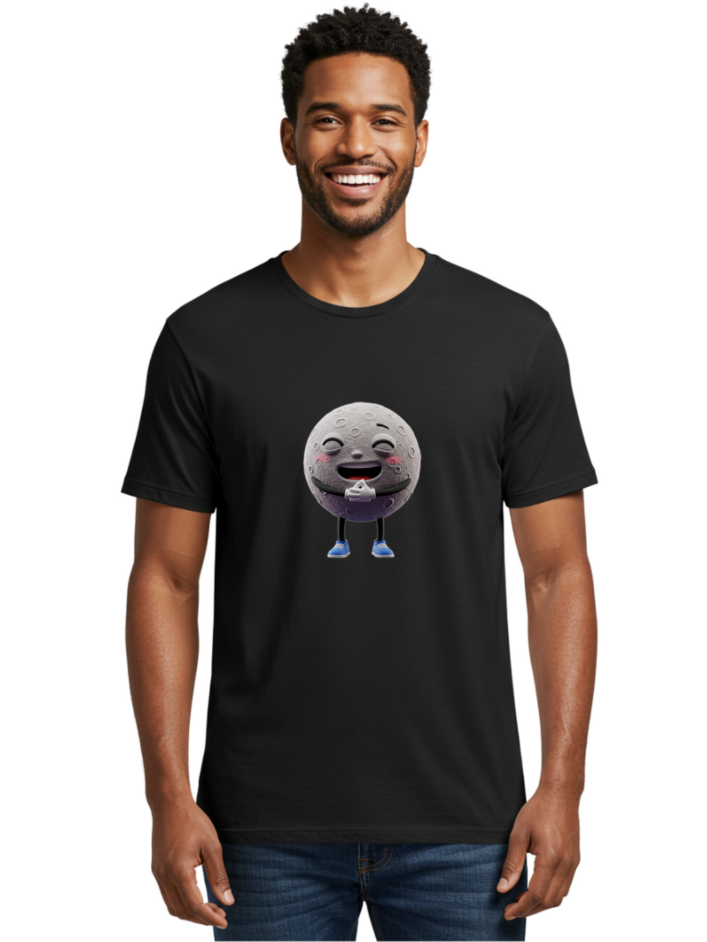 Moon-Character Men'S Graphic Tee, 100% Cotton, Comfortable Casual Summer Wear, Machine Washable, Cartoon Moon With Face, Smiling Moon Character, Moon With Legs, Blue Sneakers, Craters On Moon, Happy Expression, Anthropomorphic Moon, Bae231