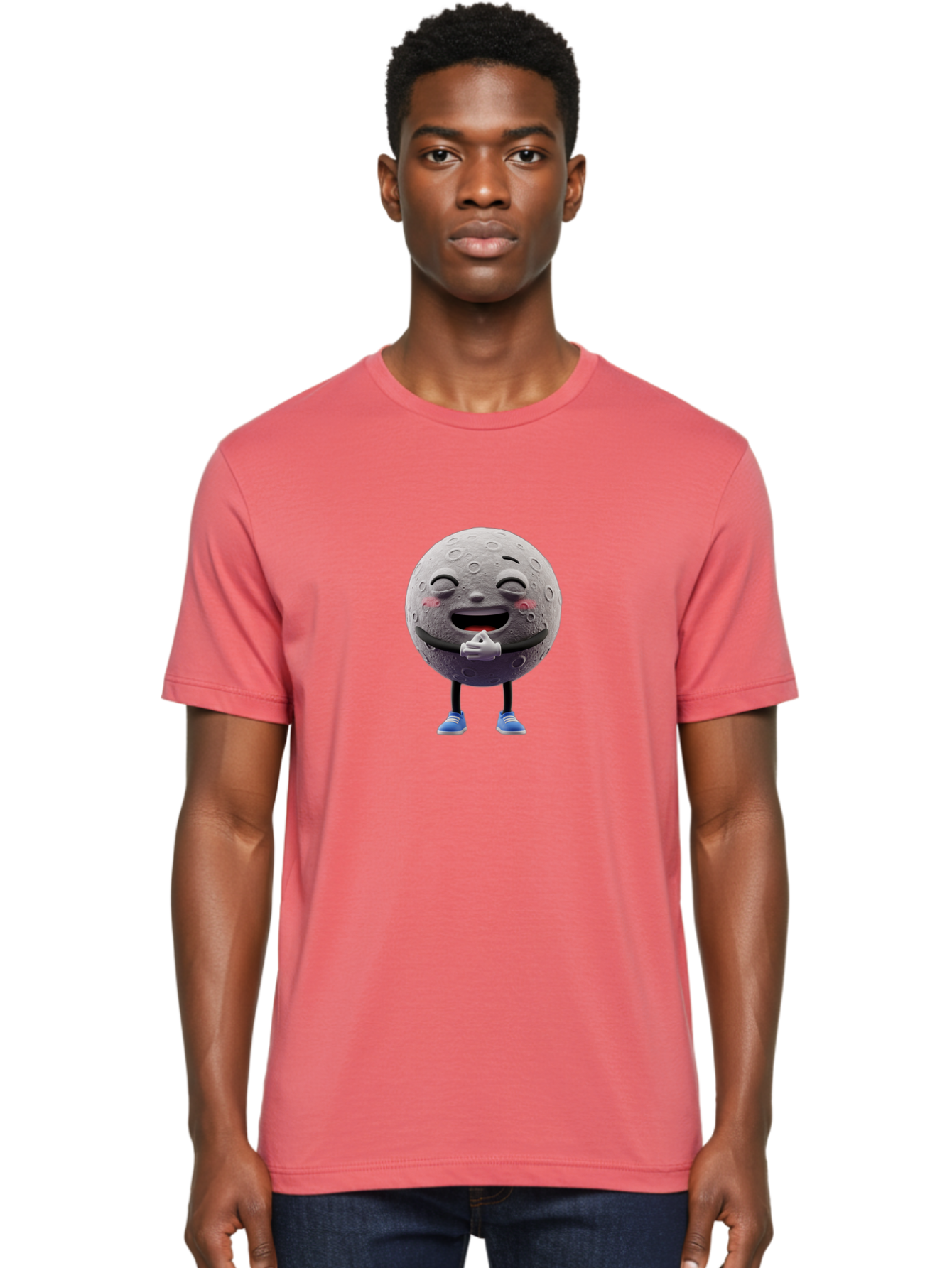 Moon-Character Men'S Graphic Tee, 100% Cotton, Comfortable Casual Summer Wear, Machine Washable, Cartoon Moon With Face, Smiling Moon Character, Moon With Legs, Blue Sneakers, Craters On Moon, Happy Expression, Anthropomorphic Moon, Bae231