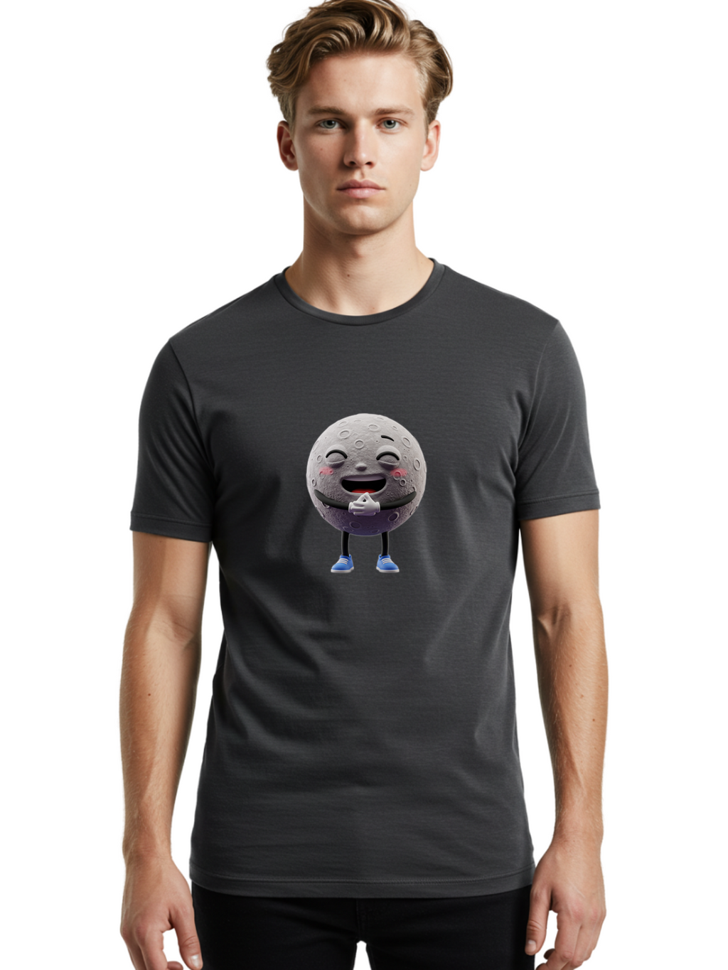 Moon-Character Men'S Graphic Tee, 100% Cotton, Comfortable Casual Summer Wear, Machine Washable, Cartoon Moon With Face, Smiling Moon Character, Moon With Legs, Blue Sneakers, Craters On Moon, Happy Expression, Anthropomorphic Moon, Bae231