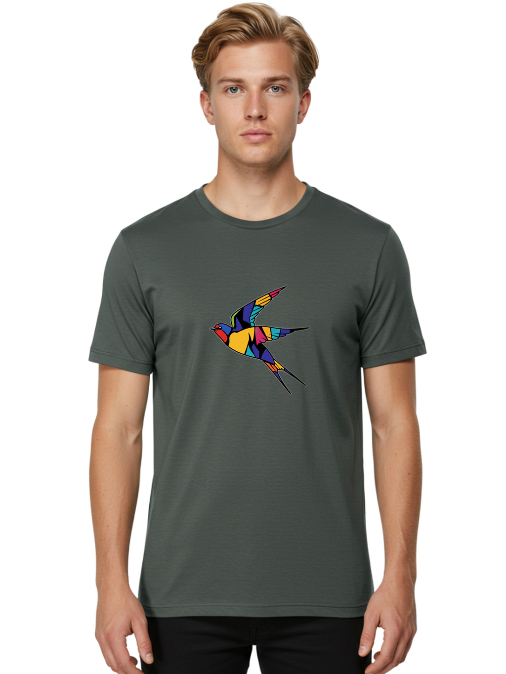 Multicolored-Bird Men'S Graphic Tee, 100% Cotton, Comfortable Casual Summer Wear, Machine Washable, Colorful Bird In Flight, Vibrant Bird Illustration, Geometric Bird Design, Multicolored Swallow, Bird In Mid-Air, Abstract Bird Art, Bae232